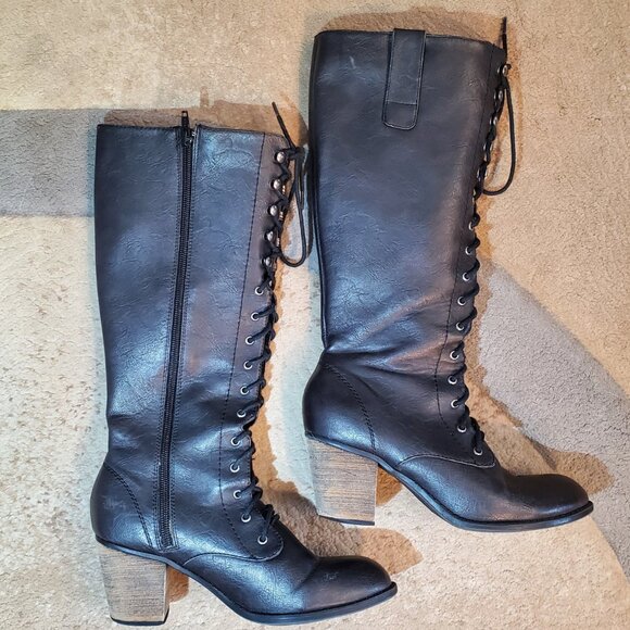 "Crown Vintage" Knee High Lace-Up/Zip-Up Black Faux Leather Boot Size 7.5M - Picture 2 of 11